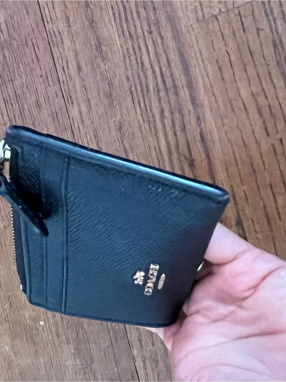 COACH Black Pebbled Leather Zip Card Wallet with Gold Logo